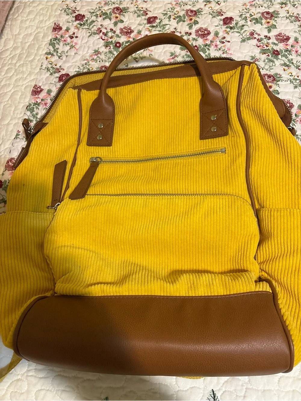 Yellow Corduroy Travel Backpack with Brown Trim